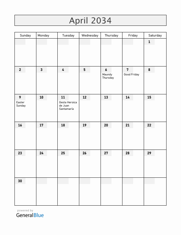 Costa Rica April 2034 Calendar with Holidays