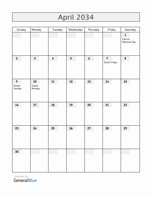 Cyprus April 2034 Calendar with Holidays
