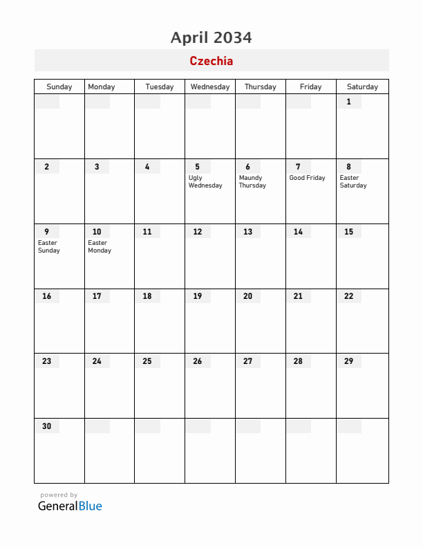 Czechia April 2034 Calendar with Holidays