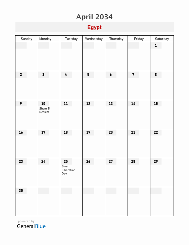 Egypt April 2034 Calendar with Holidays