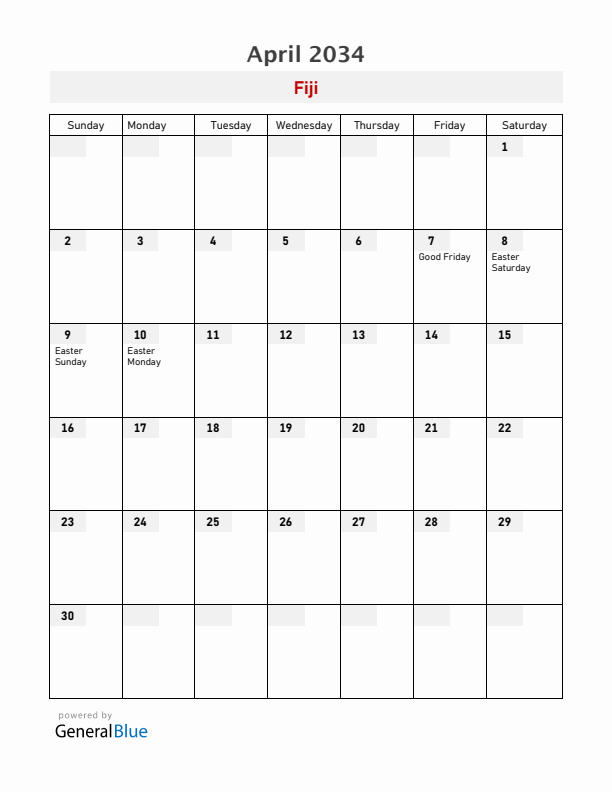 Fiji April 2034 Calendar with Holidays