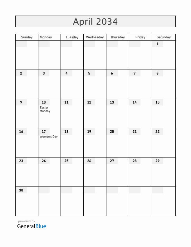 Gabon April 2034 Calendar with Holidays