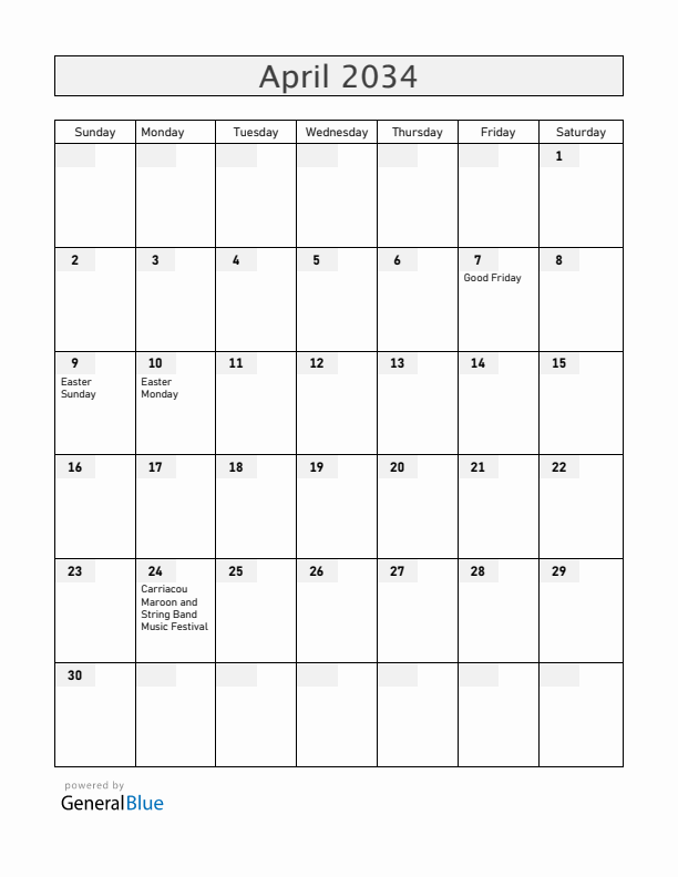 Grenada April 2034 Calendar with Holidays