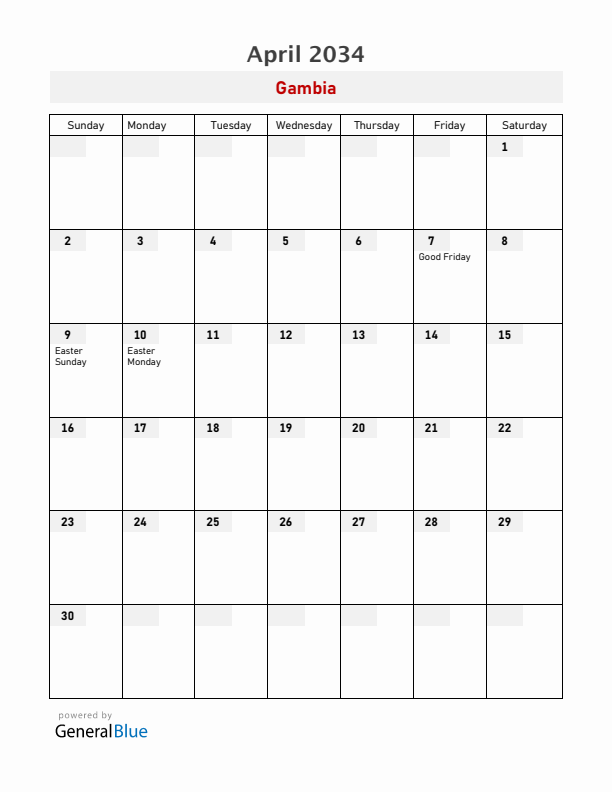 Gambia April 2034 Calendar with Holidays