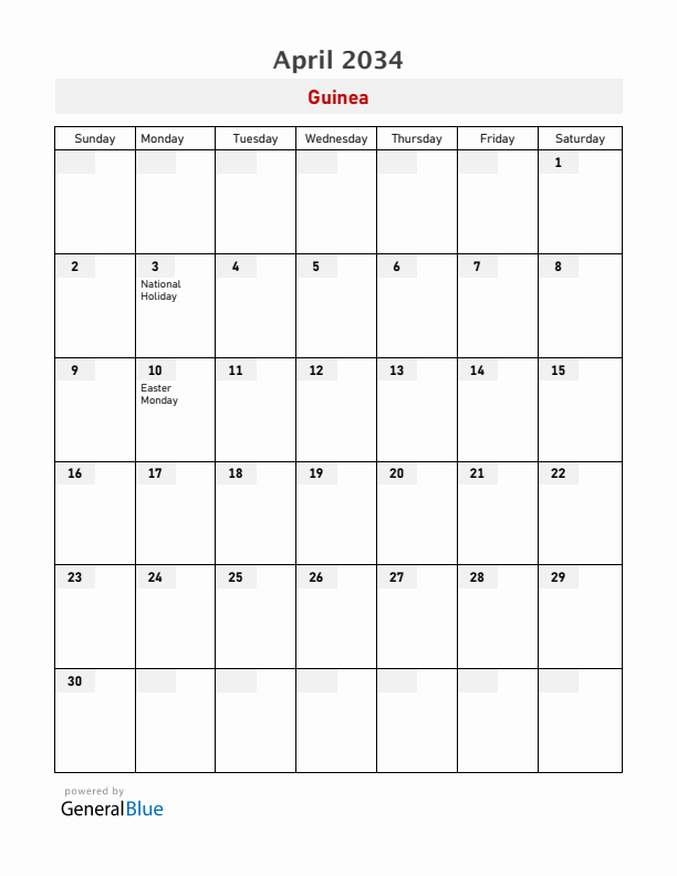 Guinea April 2034 Calendar with Holidays