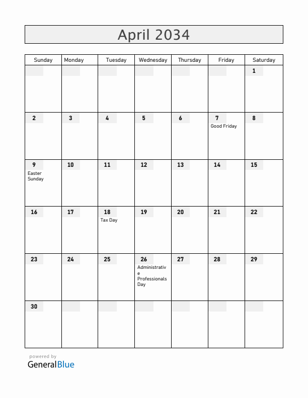Guam April 2034 Calendar with Holidays