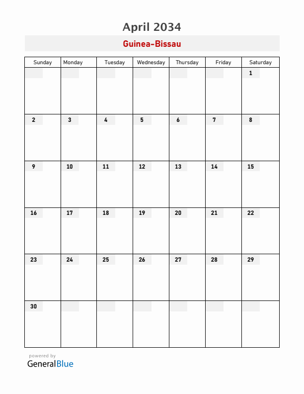 Guinea-Bissau April 2034 Calendar with Holidays