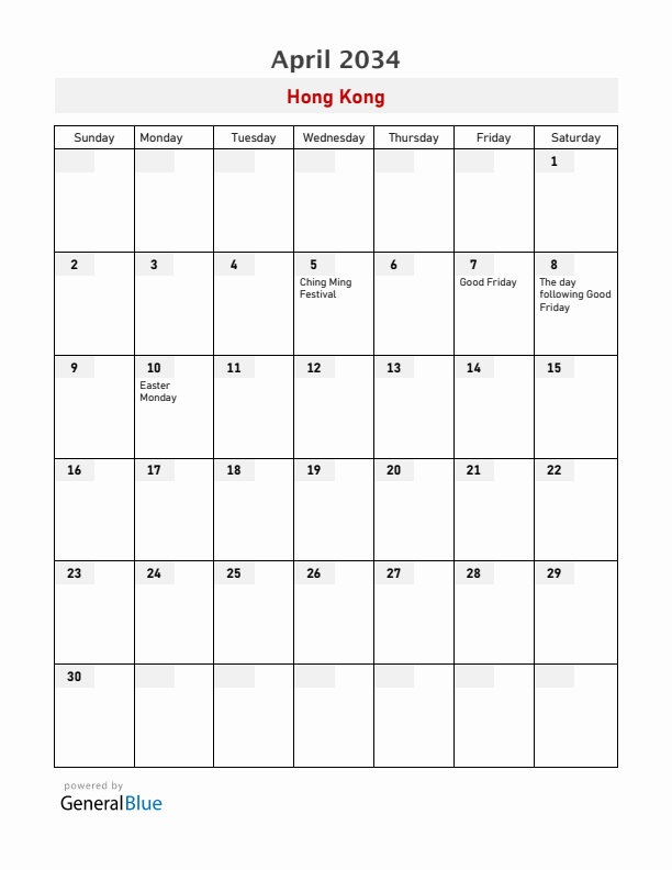 Hong Kong April 2034 Calendar with Holidays