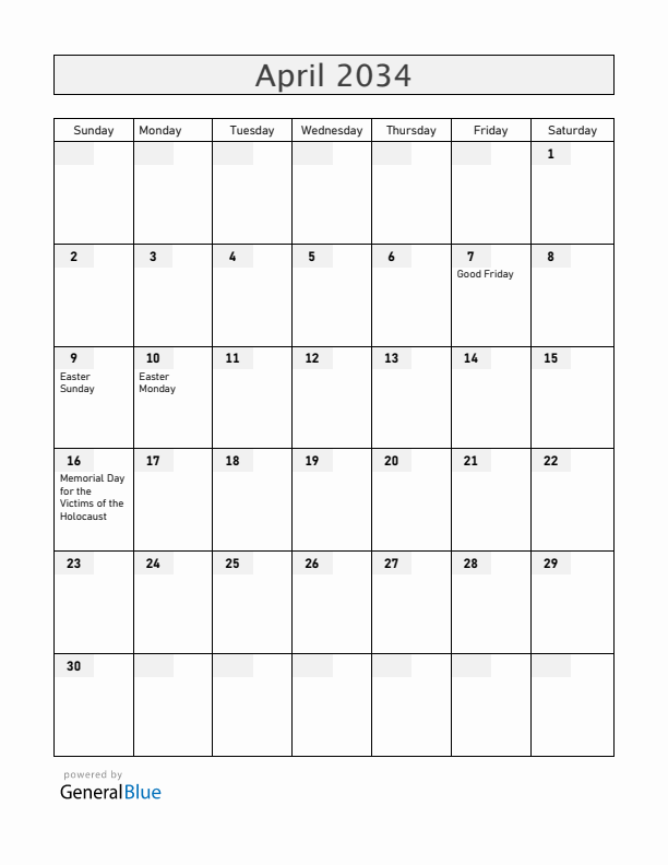 Hungary April 2034 Calendar with Holidays