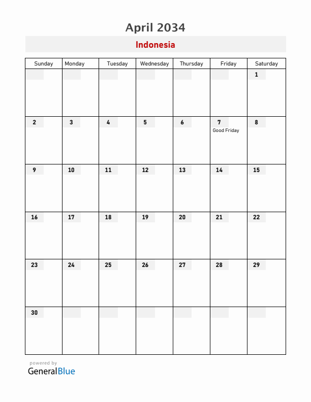 Indonesia April 2034 Calendar with Holidays