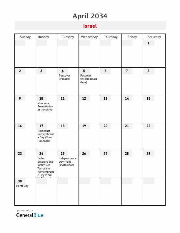 Israel April 2034 Calendar with Holidays