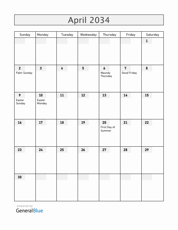 Iceland April 2034 Calendar with Holidays