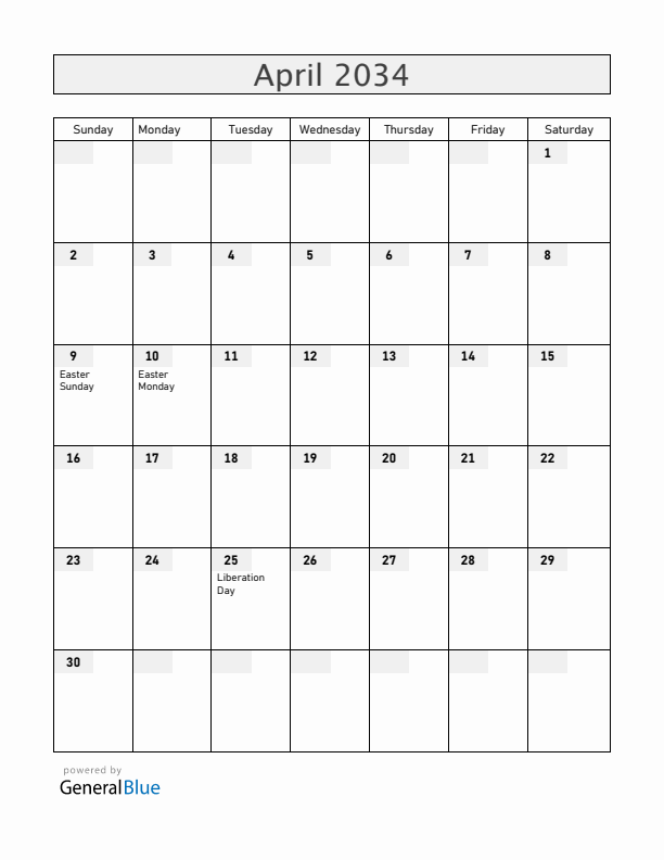 Italy April 2034 Calendar with Holidays