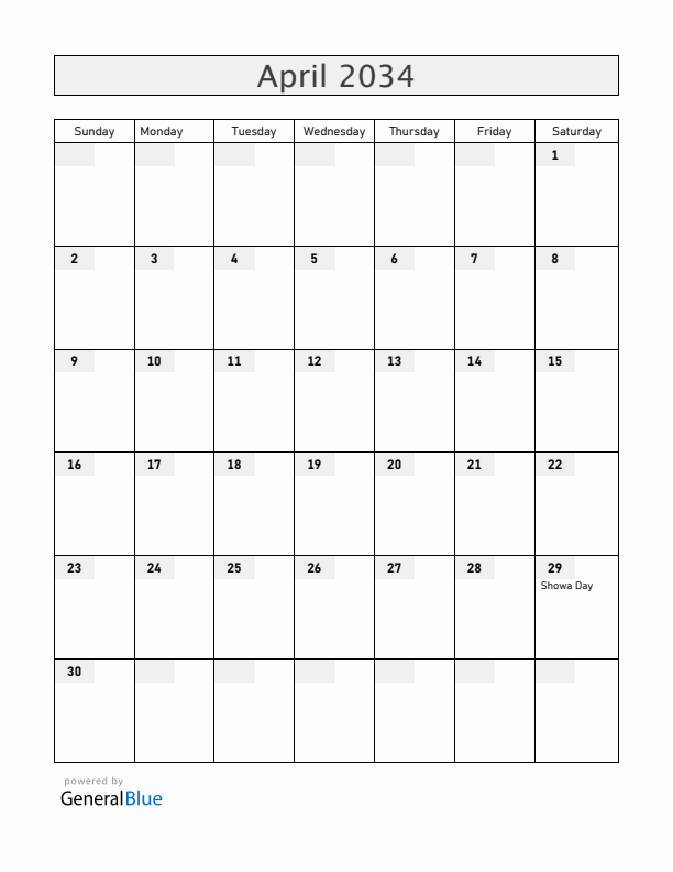 Japan April 2034 Calendar with Holidays