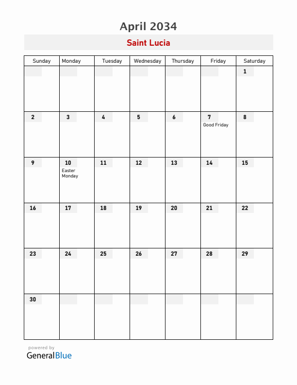 Saint Lucia April 2034 Calendar with Holidays