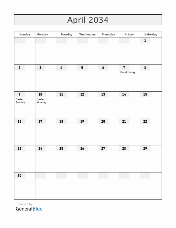 Luxembourg April 2034 Calendar with Holidays