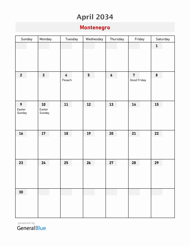Montenegro April 2034 Calendar with Holidays