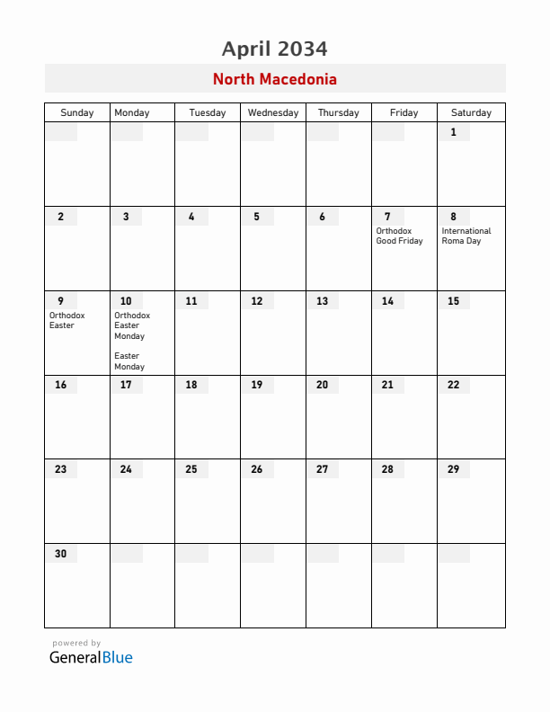 North Macedonia April 2034 Calendar with Holidays