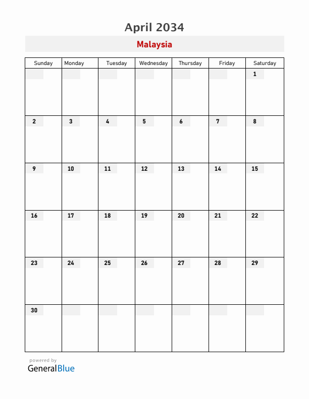Malaysia April 2034 Calendar with Holidays