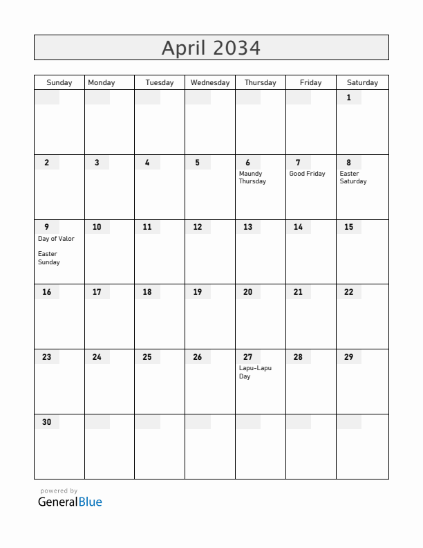 Philippines April 2034 Calendar with Holidays