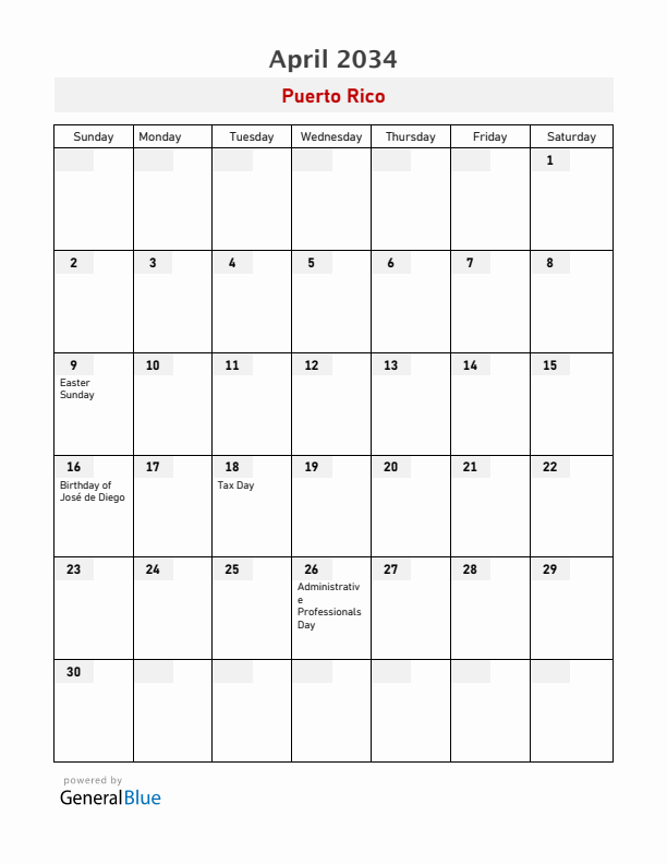 Puerto Rico April 2034 Calendar with Holidays