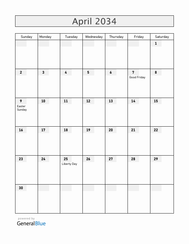 Portugal April 2034 Calendar with Holidays
