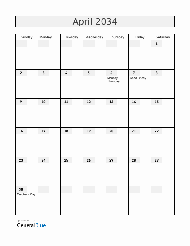 Paraguay April 2034 Calendar with Holidays