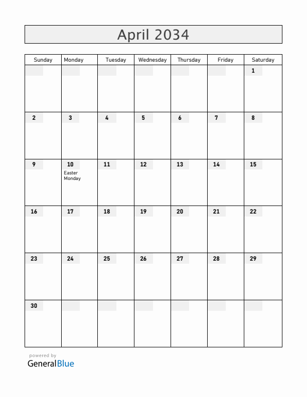 Reunion April 2034 Calendar with Holidays