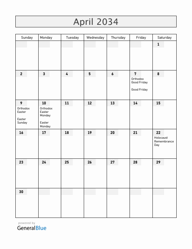 Serbia April 2034 Calendar with Holidays