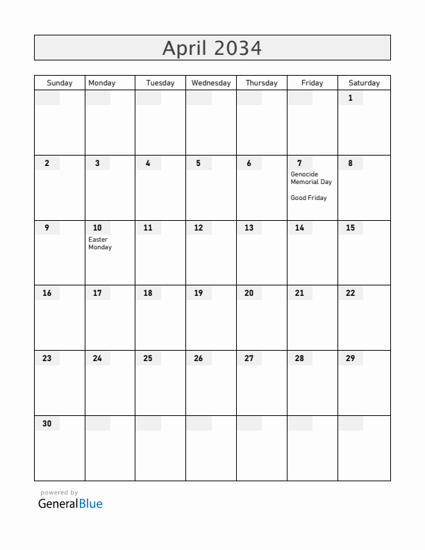 Rwanda April 2034 Calendar with Holidays