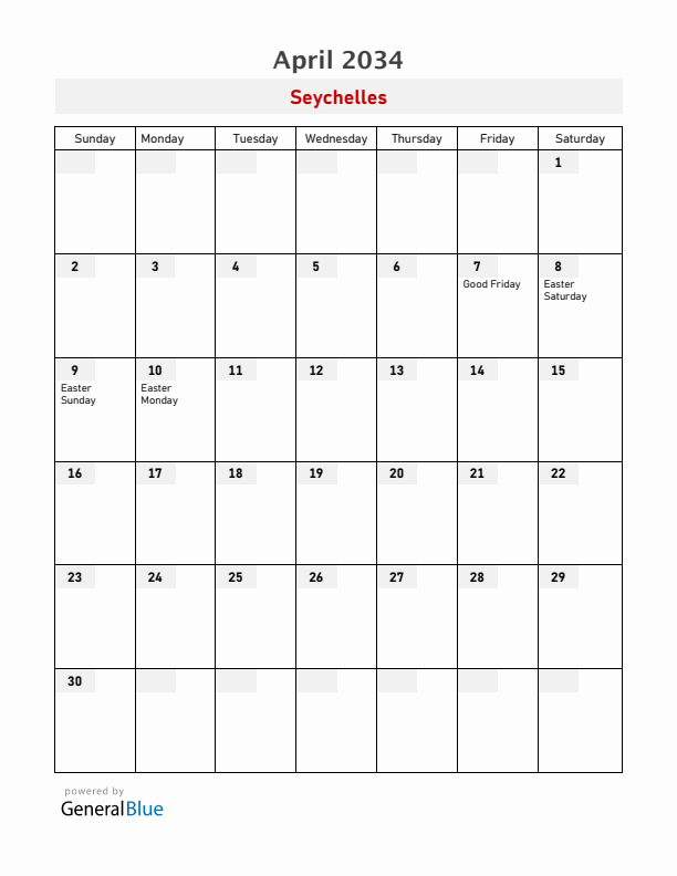 Seychelles April 2034 Calendar with Holidays
