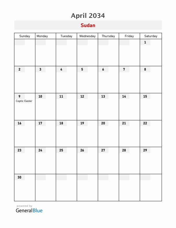 Sudan April 2034 Calendar with Holidays