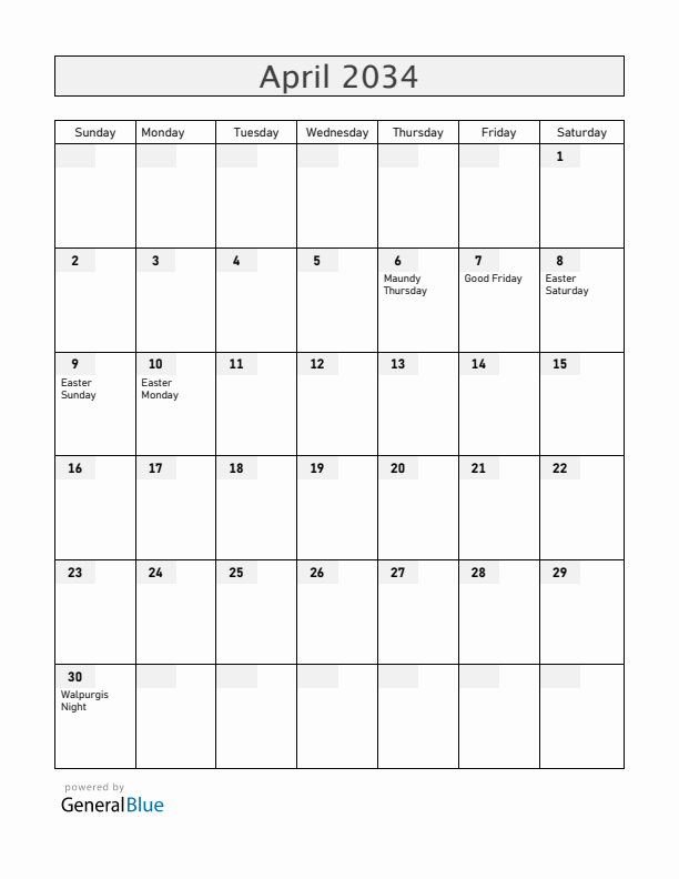 Sweden April 2034 Calendar with Holidays