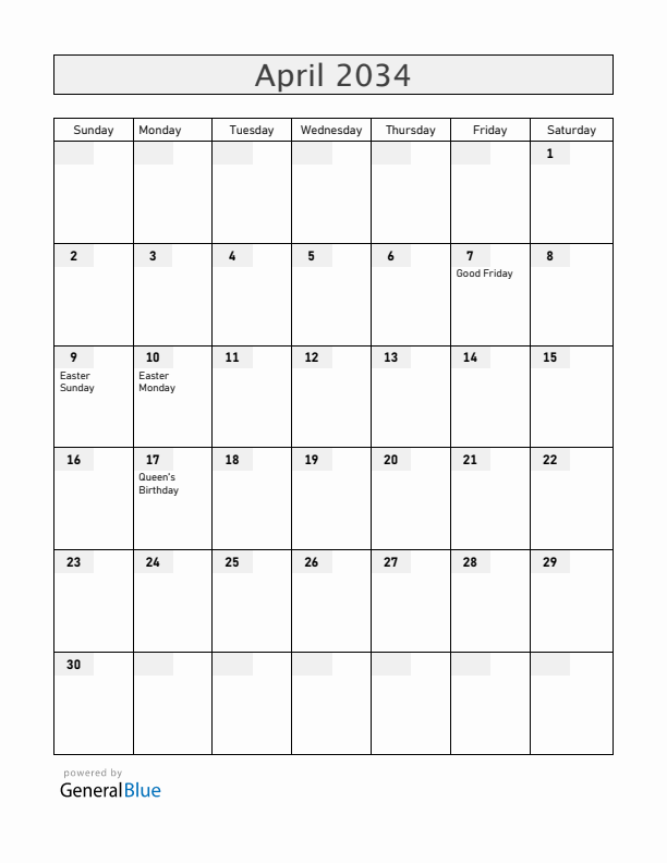 Saint Helena April 2034 Calendar with Holidays