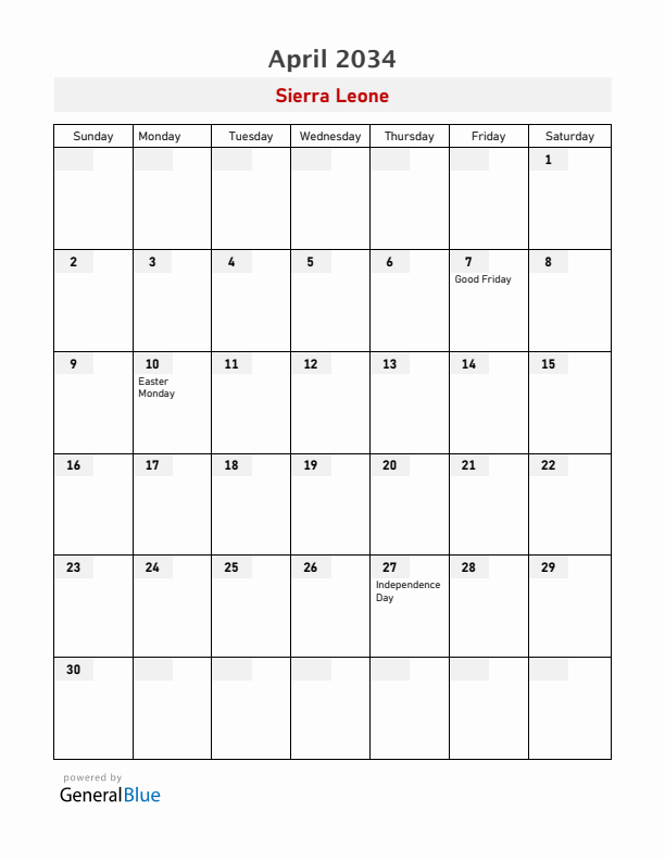 Sierra Leone April 2034 Calendar with Holidays