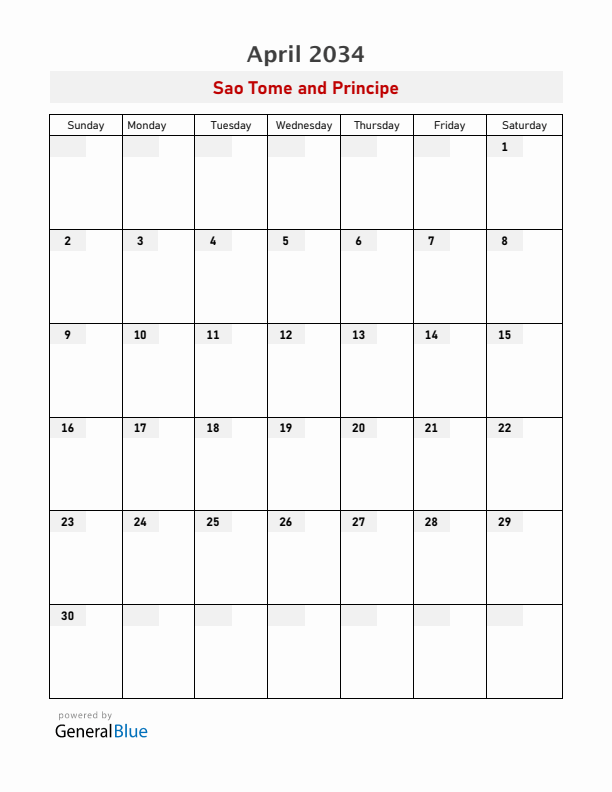 Sao Tome and Principe April 2034 Calendar with Holidays