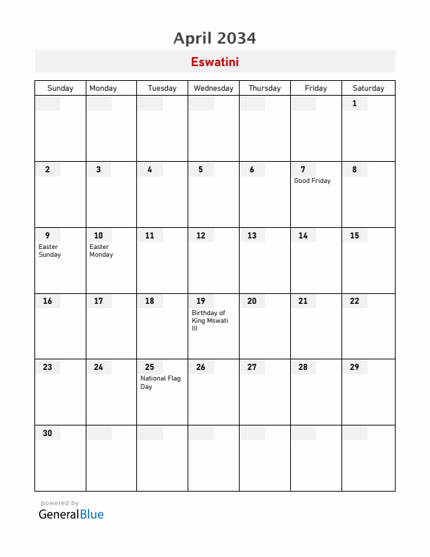Eswatini April 2034 Calendar with Holidays