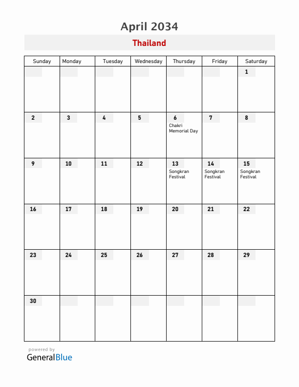 Thailand April 2034 Calendar with Holidays