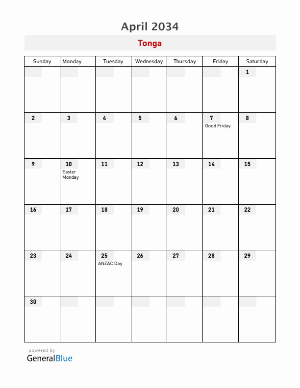 Tonga April 2034 Calendar with Holidays