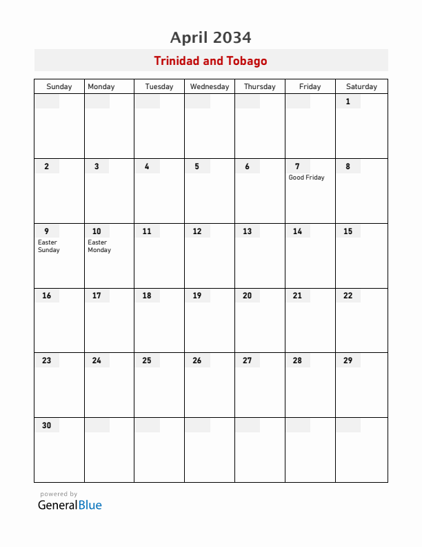 Trinidad and Tobago April 2034 Calendar with Holidays