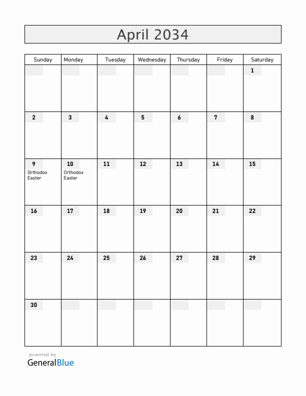 Ukraine April 2034 Calendar with Holidays