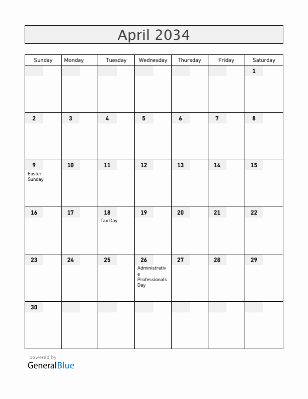 United States April 2034 Calendar with Holidays