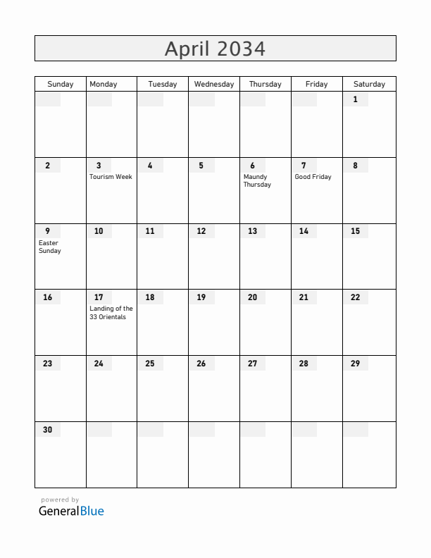 Uruguay April 2034 Calendar with Holidays