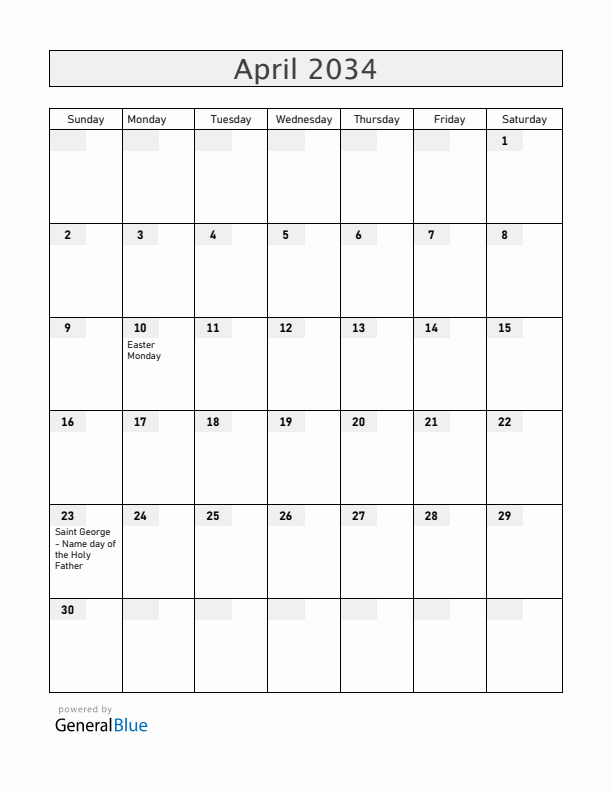 Vatican April 2034 Calendar with Holidays