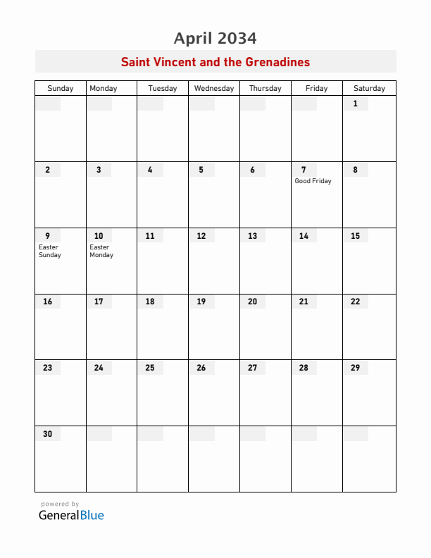 Saint Vincent and the Grenadines April 2034 Calendar with Holidays