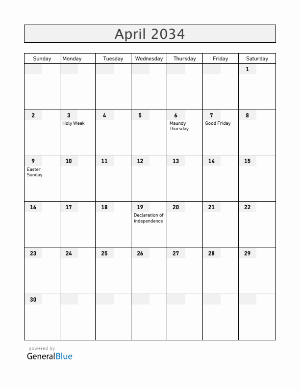 Venezuela April 2034 Calendar with Holidays