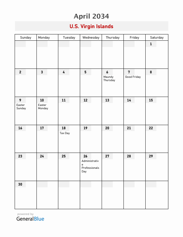 U.S. Virgin Islands April 2034 Calendar with Holidays