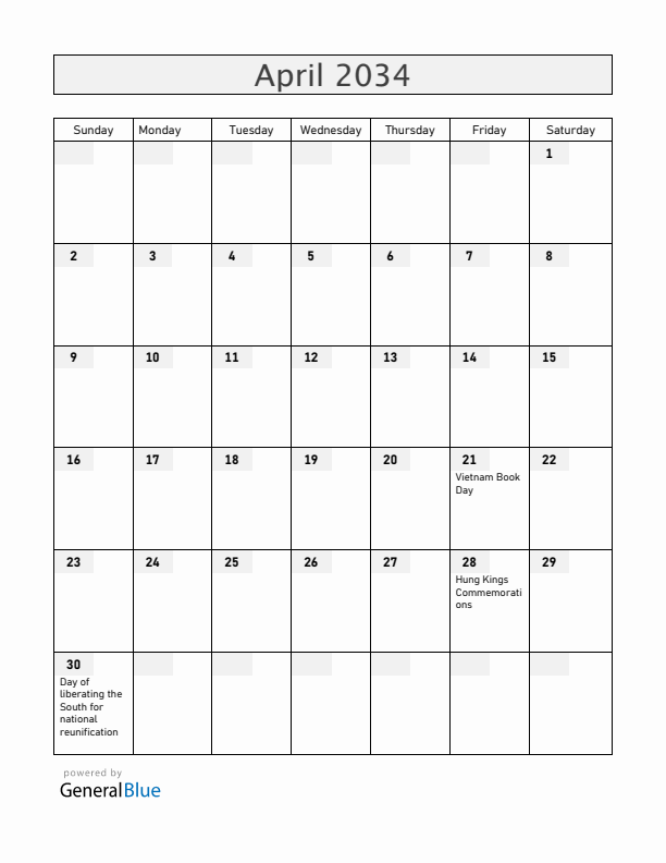 Vietnam April 2034 Calendar with Holidays