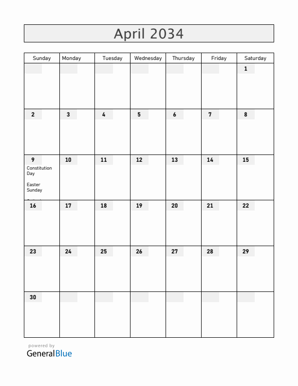 Kosovo April 2034 Calendar with Holidays