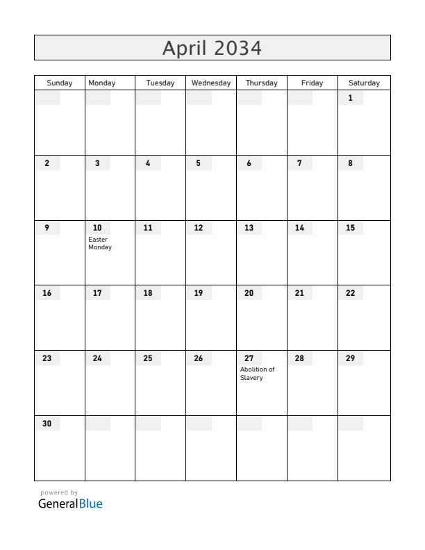 Mayotte April 2034 Calendar with Holidays